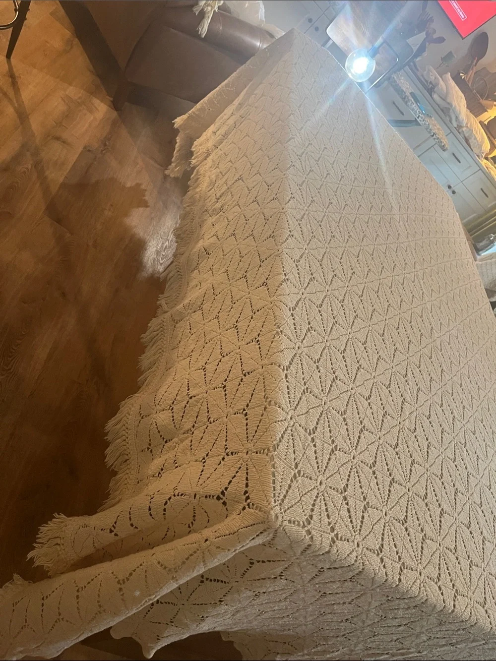 Vtg Crochet Lace  Fringe edge Coverlet Bedspread HEAVY  114” x 80”